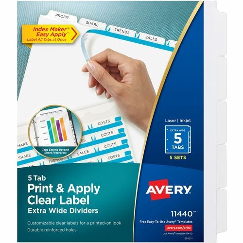 Print and Apply Index Maker Clear Label Dividers, Extra Wide Tab, 5-Tab, White Tabs, 11.25 x 9.25, White, 5 Sets