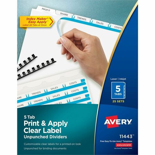 Print and Apply Index Maker Clear Label Unpunched Dividers, 5-Tab, 11 x 8.5, White, 25 Sets