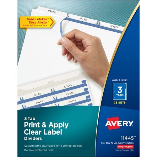 Print and Apply Index Maker Clear Label Dividers, 3-Tab, White Tabs, 11 x 8.5, White, 25 Sets