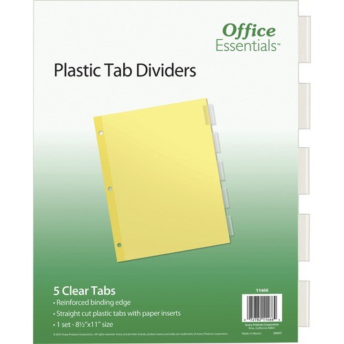 Plastic Insertable Dividers, 5-Tab, 11 x 8.5, Clear Tabs, 1 Set