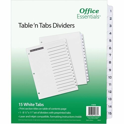 Table 'n Tabs Dividers, 15-Tab, 1 to 15, 11 x 8.5, White, White Tabs, 1 Set