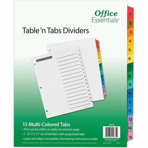 Table 'n Tabs Dividers, 15-Tab, 1 to 15, 11 x 8.5, White, Assorted Tabs, 1 Set