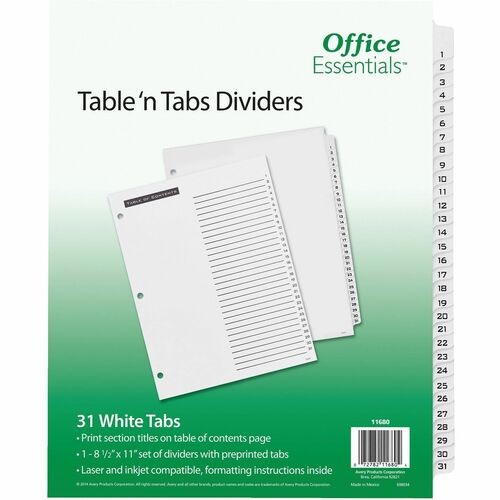 Table 'n Tabs Dividers, 31-Tab, 1 to 31, 11 x 8.5, White, White Tabs, 1 Set