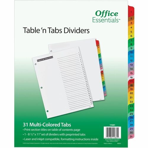 Table 'n Tabs Dividers, 31-Tab, 1 to 31, 11 x 8.5, White, Assorted Tabs, 1 Set