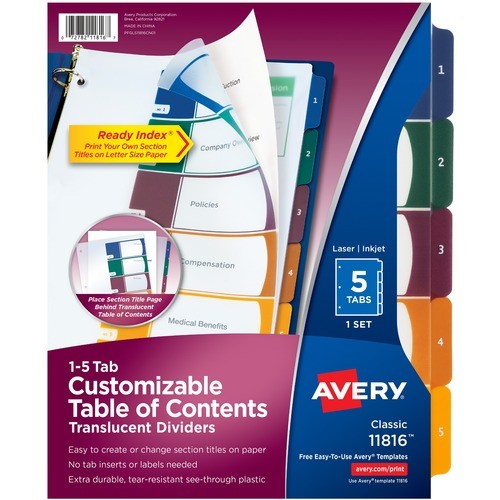 CUSTOMIZABLE TABLE OF CONTENTS READY INDEX DIVIDERS WITH MULTICOLOR TABS, 5-TAB, 1 TO 5, 11 X 8.5, TRANSLUCENT, 1 SET