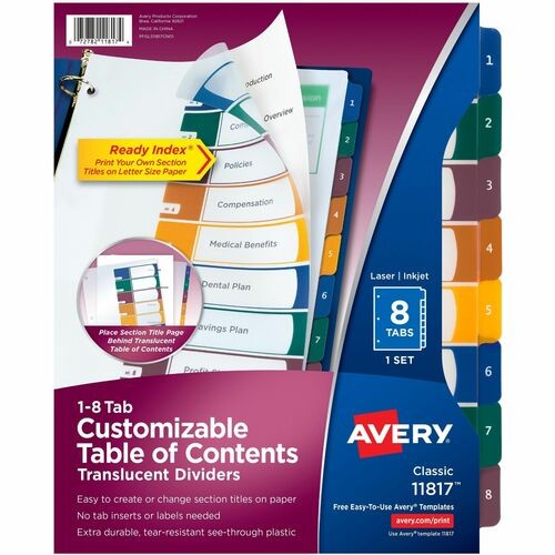 CUSTOMIZABLE TABLE OF CONTENTS READY INDEX DIVIDERS WITH MULTICOLOR TABS, 8-TAB, 1 TO 8, 11 X 8.5, TRANSLUCENT, 1 SET