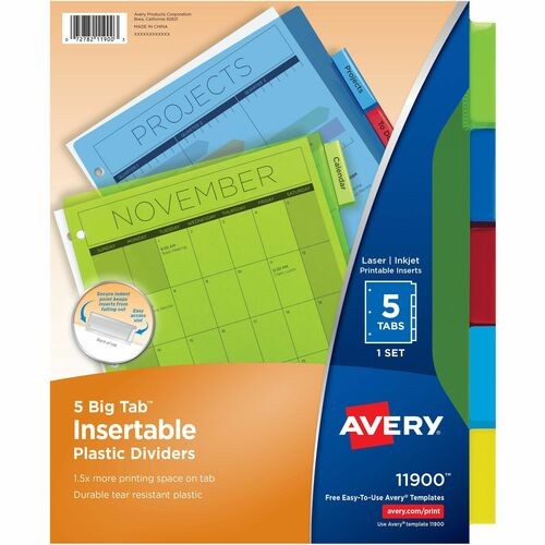 INSERTABLE BIG TAB PLASTIC DIVIDERS, 5-TAB, 11 X 8.5, ASSORTED, 1 SET