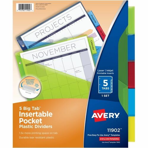 INSERTABLE BIG TAB PLASTIC 1-POCKET DIVIDERS, 5-TAB, 11.13 X 9.25, ASSORTED, 1 SET