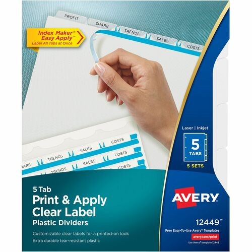 Print and Apply Index Maker Clear Label Plastic Dividers w/Printable Label Strip, 5-Tab, 11 x 8.5, Frosted Clear Tabs, 5 Sets