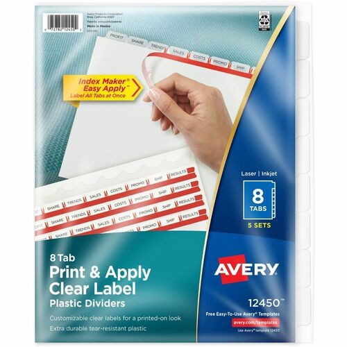 Print and Apply Index Maker Clear Label Plastic Dividers w/Printable Label Strip, 8-Tab, 11 x 8.5, Frosted Clear Tabs, 5 Sets