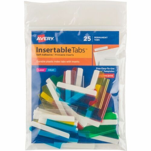 Insertable Index Tabs with Printable Inserts, 1/5-Cut, Assorted Colors, 1.5" Wide, 25/Pack