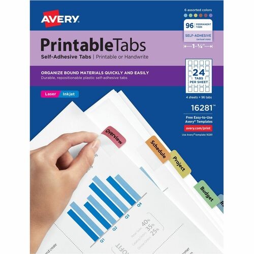 Printable Plastic Tabs with Repositionable Adhesive, 1/5-Cut, Assorted Colors, 1.25" Wide, 96/Pack