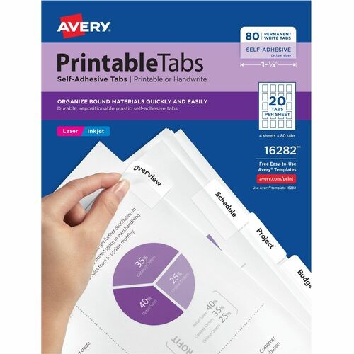Printable Plastic Tabs with Repositionable Adhesive, 1/5-Cut, White, 1.75" Wide, 80/Pack