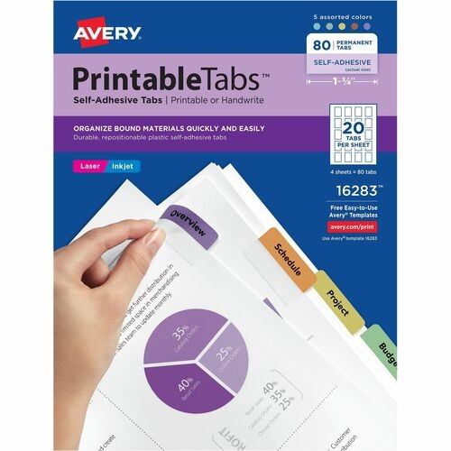 Printable Plastic Tabs with Repositionable Adhesive, 1/5-Cut, Assorted Colors, 1.75" Wide, 80/Pack