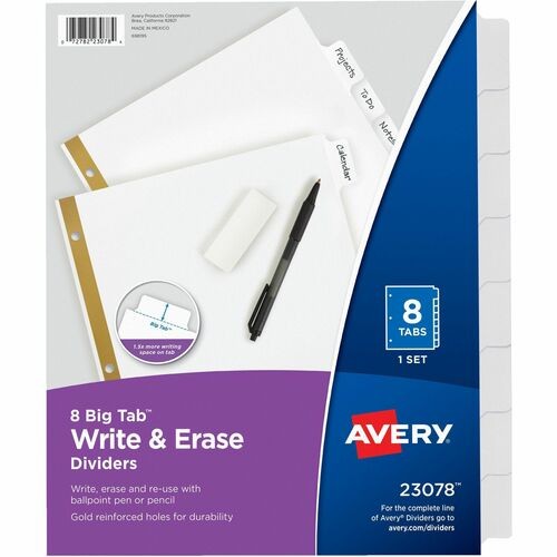 Write and Erase Big Tab Paper Dividers, 8-Tab, 11 x 8.5, White, White Tabs, 1 Set