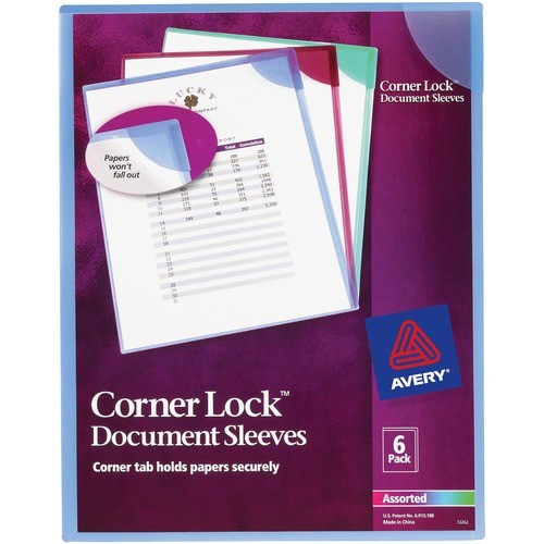 CORNER LOCK DOCUMENT SLEEVES, LETTER SIZE, ASSORTED COLORS, 6/PACK