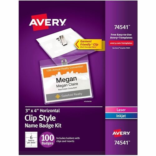 Name Badges, w/ Clip, Top Load, 3"x4", 100/BX, White