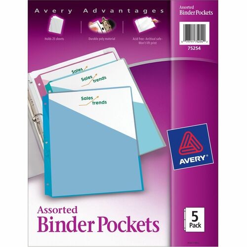 Binder Pockets, 3-Hole Punched, 9.25 x 11, Assorted Colors, 5/Pack