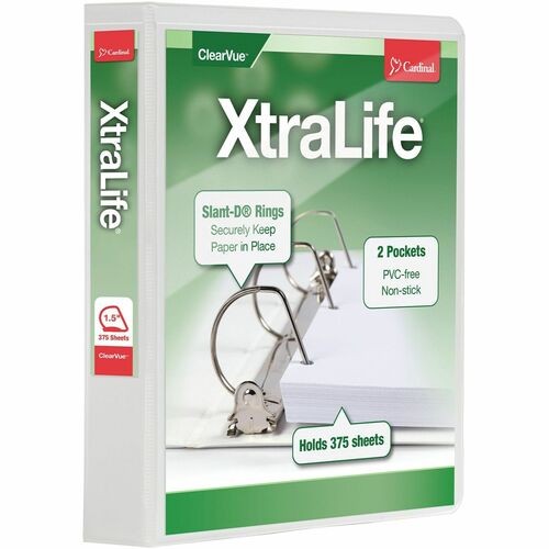 XtraLife ClearVue Non-Stick Slant-D Ring Binder, 3 Rings, 1.5" Capacity, 11 x 8.5, White