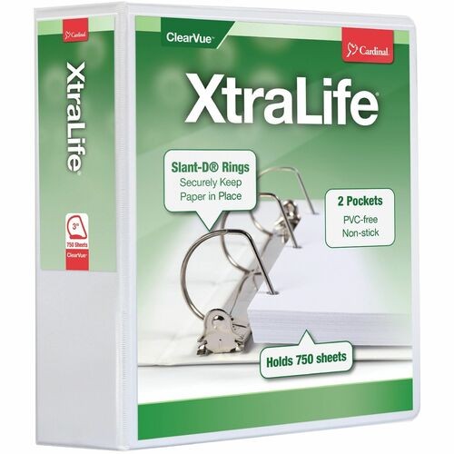 XtraLife ClearVue Non-Stick Slant-D Ring Binder, 3 Rings, 3" Capacity, 11 x 8.5, White