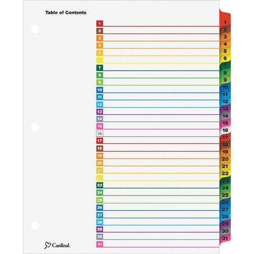 OneStep Printable Table of Contents and Dividers, 31-Tab, 1 to 31, 11 x 8.5, White, Assorted Tabs, 1 Set
