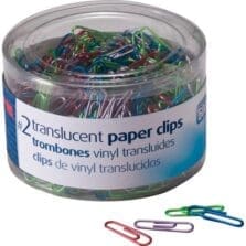 Translucent Paper Clips, Vinyl, Small, 600/PK, BE/PE/GN/RD/SR