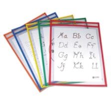 Reusable Dry Erase Pockets, Super Heavy-Duty, Top Load 9 x 12 Insert, Clear Front, Assorted Border Colors, 5/Pack