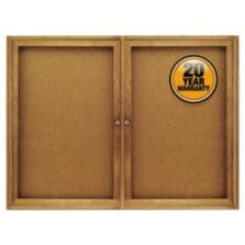Enclosed Indoor Cork Bulletin Board with Two Hinged Doors, 48" x 36", Tan Surface, Oak Finished Fiberboard (MDF) Frame