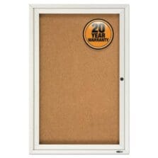 Enclosed Indoor Cork Bulletin Board with One Hinged Door, 24" x 36", Tan Surface, Satin Aluminum Frame