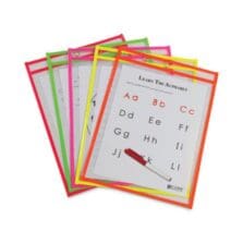 Reusable Dry Erase Pockets, Super Heavy-Duty, Top Load 9 x 12 Insert, Clear Front, Assorted Neon Border, 10/Pack