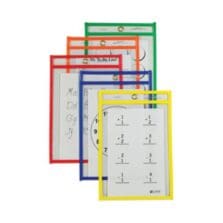 Reusable Dry Erase Pockets, Super Heavy-Duty, Top Load 6 x 9 Insert, Clear Front, Assorted Border Colors, 10/Pack