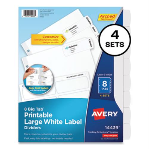 Big Tab Printable Large White Label Tab Dividers, 8-Tab, 11 x 8.5, White, 4 Sets