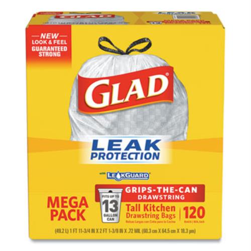 Tall Kitchen Drawstring Trash Bags with LeakGuard, 13 gal, Unscented, 23.47" x 25.38", White, 120/Box