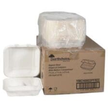 EarthChoice PFAS Free Compostable Hinged Lid Container, 3 Compartments, 8 x 8 x 3, Natural, Sugarcane, 150/Carton