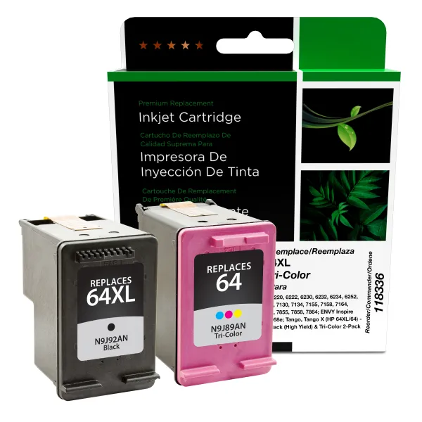 Remanufactured Remanufactured Black High Yield, Tri-Color Ink Cartridges for HP 64XL/64 (3YP23AN) 2-Pack