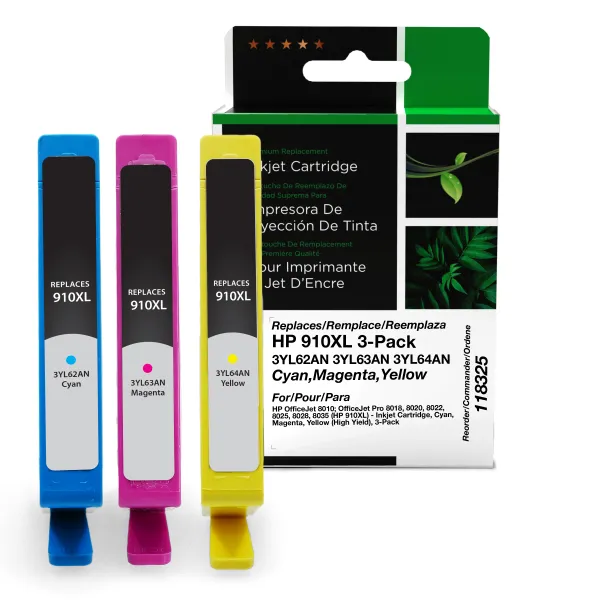 Remanufactured High Yield Cyan, Magenta, Yellow Ink Cartridges for HP 910XL 3-Pack