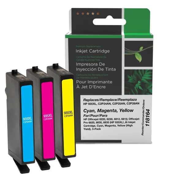 Remanufactured High Yield Cyan, Magenta, Yellow Ink Cartridges for HP 935XL (F6U05BN) 3-Pack