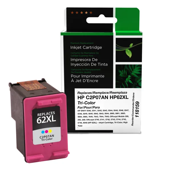 Remanufactured High Yield Tri-Color Ink Cartridge for HP 62XL (C2P07AN) (Page Yield: 415)