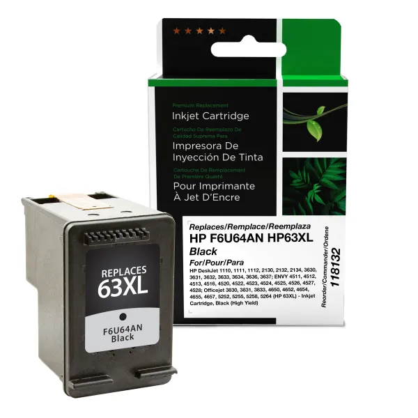Remanufactured High Yield Black Ink Cartridge for HP 63XL (F6U64AN) (Page Yield: 480)