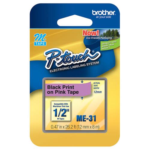 Brother 12mm (1/2") Black on Pink Non-Laminated Tape (8m/26.2') (1/Pkg) For use in M P-Touch: 65/70/80/95/100/110