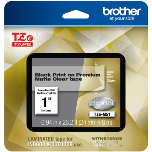 Brother P-Touch PT-1400,1500PC,1600,2200,2210,2300,2310,2400,2410,2430PC,2600,2610,2700,2710,2730 Black Print on Premium Matte Clear Laminated Tape (24mm (0.94") Wide x 8m (26.2') Long)