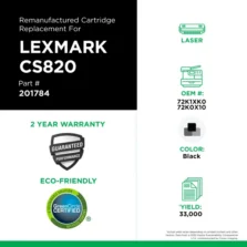 Remanufactured Extra High Yield Black Toner Cartridge for Lexmark CS820 (Page Yield: 33,000) (Yield: 33,000) Compatible with OEM# 201784
