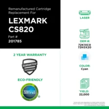 Remanufactured Extra High Yield Cyan Toner Cartridge for Lexmark CS820 (Page Yield: 22,000) (Yield: 22,000) Compatible with OEM# 201785