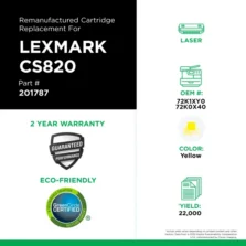 Remanufactured Extra High Yield Yellow Toner Cartridge for Lexmark CS820 (Page Yield: 22,000) (Yield: 22,000) Compatible with OEM# 201787
